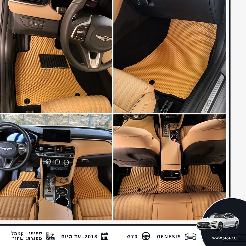 קולאז' של שטיחים לרכב ג'נסיס G70 בצבע קאמל | ייצור שטיחים לפי דגם הרכב SASA